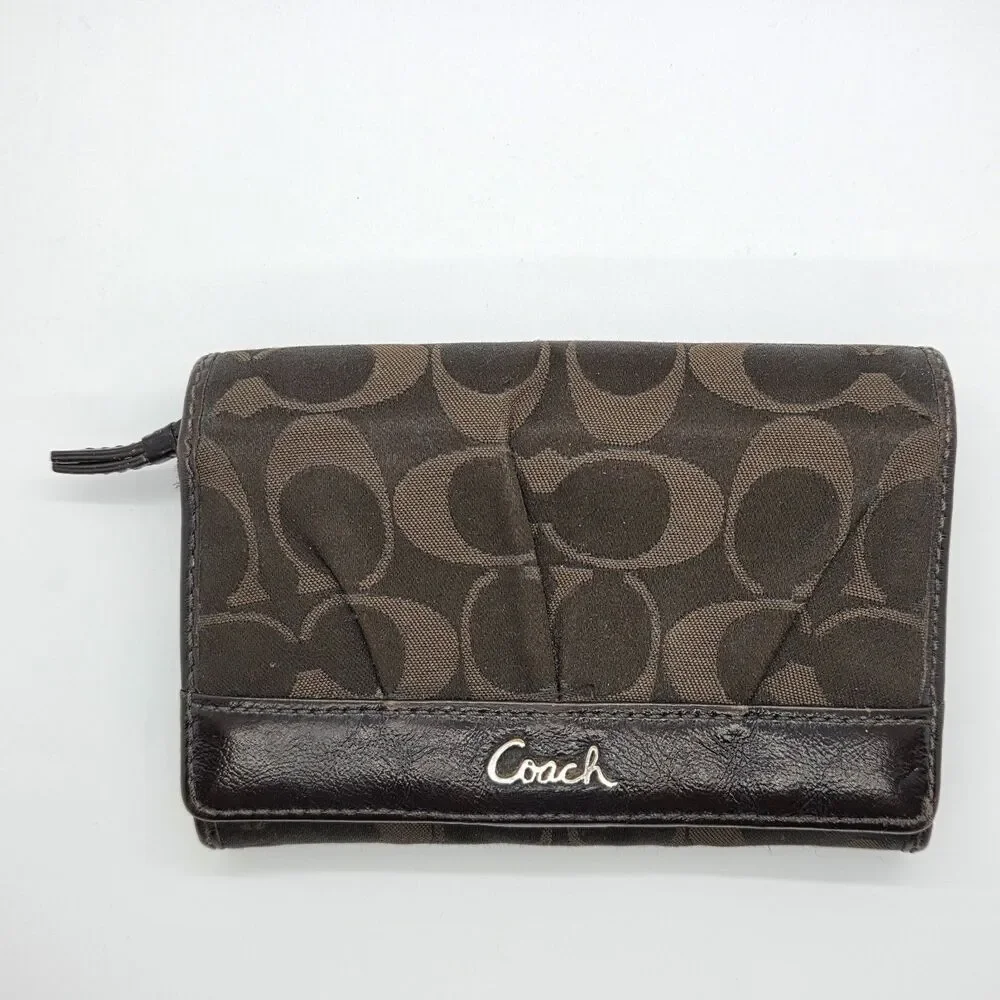 Coach‎ Ashley Brown Signature Bi Fold Wallet Coin  Cash Pouch